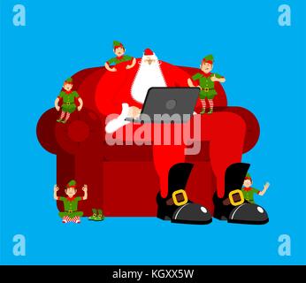 Weihnachtsmann auf Sessel in Laptop arbeiten. elf Helfer. Weihnachten arbeiten. Neues Jahr Abbildung: Stock Vektor