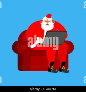Weihnachtsmann auf Sessel in Laptop arbeiten. Weihnachten arbeiten. Neues Jahr Abbildung: Stock Vektor