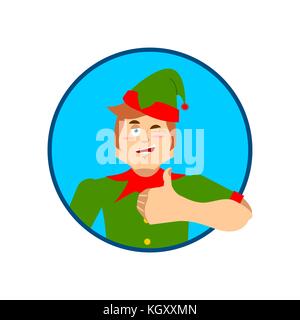 Elf santa helper Daumen nach oben und winks Emoji. Neues Jahr und Weihnachten Vector Illustration Stock Vektor