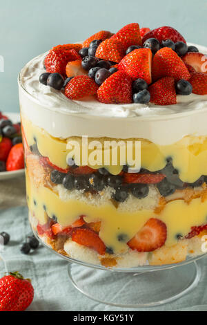 Süßes hausgemachtes Erdbeer trifle Dessert mit Pudding und Kuchen Stockfoto