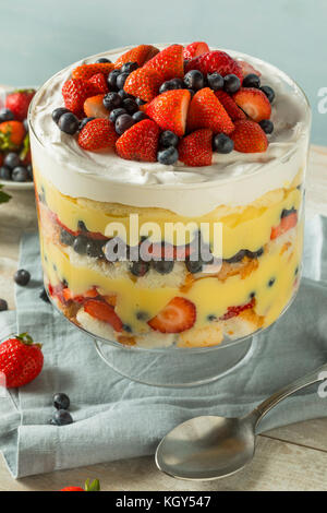 Süßes hausgemachtes Erdbeer trifle Dessert mit Pudding und Kuchen Stockfoto
