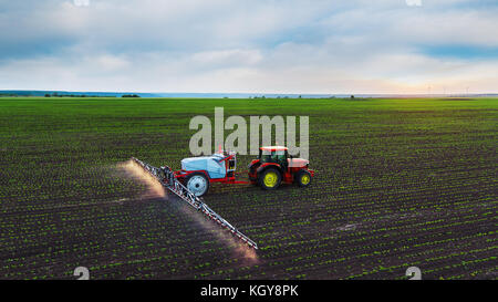 Traktor spritzen Feld am Frühling, Luftaufnahme Stockfoto