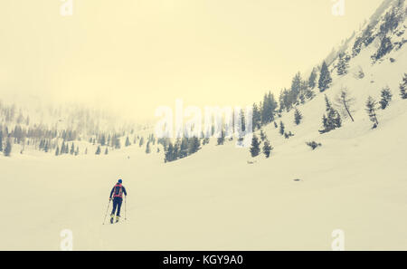 Einsam zurück Langläufer gehen durch einen nebligen Tal. Stockfoto