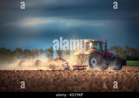 Bauer im Traktor Vorbereitung land mit saatbeet Kultivator, Sonnenuntergang geschossen Stockfoto