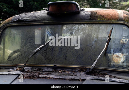 Black Cab zu Nirgendwo: Detail der Frontscheibe und Dach Licht auf einem verlassenen Rosten und marode London cab. Stockfoto