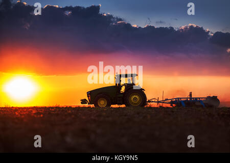 Bauer im Traktor Vorbereitung land mit saatbeet Kultivator, Sonnenuntergang geschossen Stockfoto