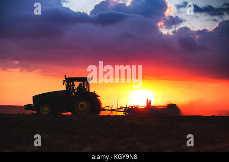 Bauer im Traktor Vorbereitung land mit saatbeet Kultivator, Sonnenuntergang geschossen Stockfoto