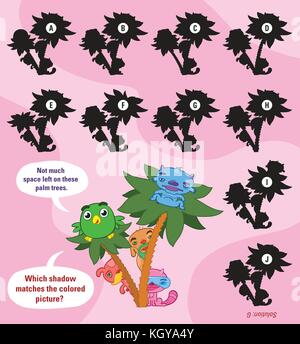 Vector Illustration von Shadow passende pädagogische Kinder spiel mit Monster und Tiere versteckt hinter Palmen Stock Vektor