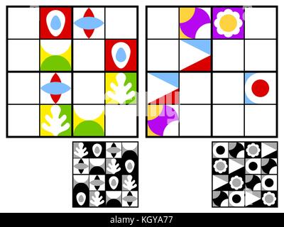 Sudoku Spiel für Kinder mit geometrischen Abbildungen. Kinder Blatt. ausbildung Logik, Lernspiel Stock Vektor