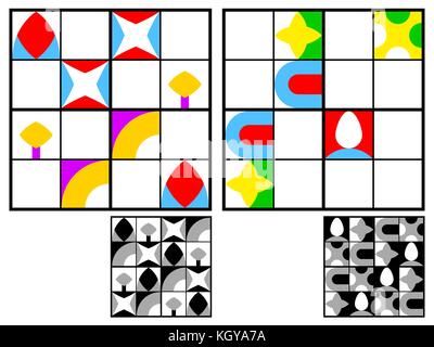 Sudoku Spiel für Kinder mit geometrischen Abbildungen. Kinder Blatt. ausbildung Logik, Lernspiel Stock Vektor