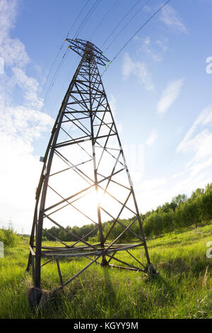 Power Line in einem Contryside. bhudda mit Fischaugenobjektiv Stockfoto