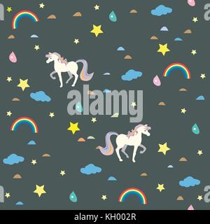 Nahtlose Einhorn Muster mit Wolken, Regenbogen und Tropfen Regen. Vector Illustration. Stock Vektor