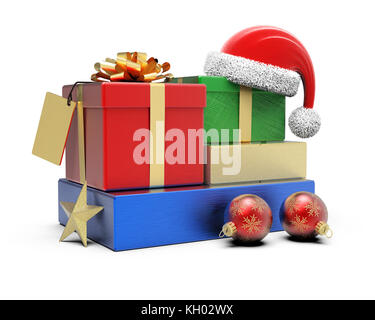 Weihnachtsgeschenke mit Santa Claus hat auf weißem Hintergrund 3 isolierte d-Rendering Stockfoto