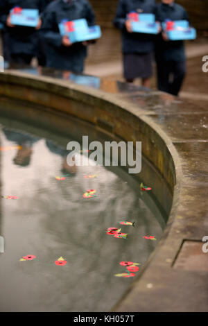 Im Bild: junge kadetten vorbei an den Mohn in den Brunnen. Samstag, 11 November 2017 Re: Armistice Day, zwei Minuten beobachtet wurden, waren wieder zu markieren Stockfoto