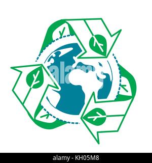 Konzept Umwelt mit Wiederverwertung, Recycling Pfeile Symbol mit Earth Globus innen auf weißem Hintergrund. Symbol in der linearen Stil recyceln Stock Vektor