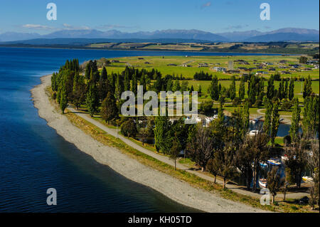 Antenne von Te Anau, fjordlands, Südinsel, Neuseeland Stockfoto
