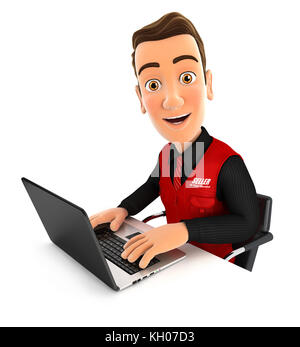 3d-Verkäufer Arbeiten am Laptop, Abbildung mit isoliert weißer Hintergrund Stockfoto