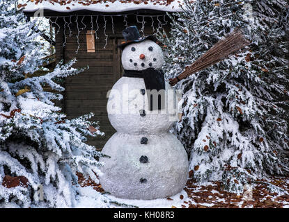 Schneemann in einem Winter forrest Einstellung Stockfoto