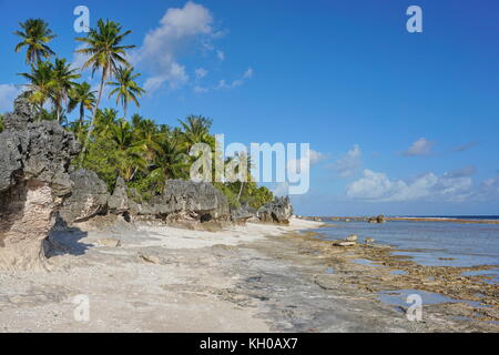Felsformation an der Küste des Atoll tikehau, tuamotus, Französisch-Polynesien, South Pacific Ocean, Ozeanien Stockfoto