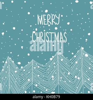 Hand gezeichnet Doodle weißen Tannen im Wald Schneefall frohe Weihnachten hand Schrift. Baby blau Hintergrund. Abstrakt. Neues Jahr Grußkarten Poster Stock Vektor