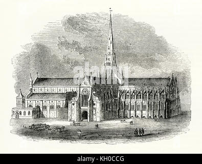 Alte Gravur, die die erste Kathedrale St. Paul C. 1500. St. Paul's war die mittelalterliche Kathedrale der Stadt London, bis 1666, an der Stelle der heutigen Kathedrale stand. Von 1087 bis 1314 gebaut, diese Abbildung zeigt er mit seinem Turm. 1561 der Turm Feuer gefangen und fiel durch das Dach des Kirchenschiffes - es war nie ersetzt Stockfoto