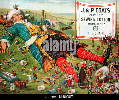 1880 - GULLIVER'S REISEN & LILIPUT - ein Vintage farbige Werbung für J&P Coats Paisley Nähen Baumwolle zeigt eine Szene aus der Geschichte von Jonathan Swift. Stockfoto