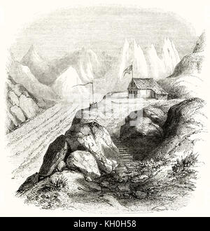 Alte Ansicht eines Chalets in den Gletscher des Arc-Quellen. Von Armstrong, Publ. Auf Magasin Pittoresque, Paris, 1847 Stockfoto