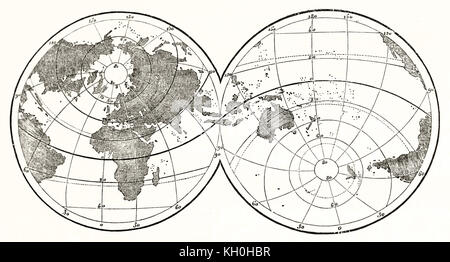 Alte Erdkarte, in der die verschiedenen Erweiterung von Land und Wasser auf der Erde Oberfläche. Von unbekannter Autor, Hrsg. auf Magasin Pittoresque, Paris, 1847 Stockfoto