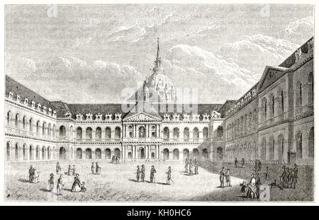 Alte Ansicht der Cour d'Honneur (Ehrenrat) im Hotel des Invalides, Paris. Von unbekannter Autor, Hrsg. auf Magasin Pittoresque, Paris, 1847 Stockfoto