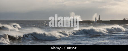 12. November 2017. Seaham, Sunderland. UK. Der Wind peitscht das Meer als hohe Wellen Teig den Hafen Wänden in Seaham, Sunderland. Heute wird ein kalten und windigen Tag mit Temperaturen bis zu max. 6 Grad Celsius für die meisten der Nordosten. Kredit Robert Smith/AlamyLiveNews Stockfoto