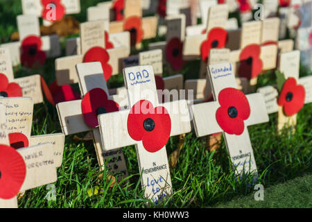 Tag der Erinnerung in Southampton, Hampshire, Großbritannien, 12. November 2017. Mohnblumen und Poppy Kränze in Gedenken Sonntag Gedenkfeiern gelegt. Stockfoto