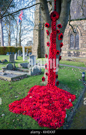 All Saints Church Heide, Derbyshire - Handknitted Mohn nach unten kaskadieren ein Baum in der Kirche yard Erinnerung gedenken Sonntag 2017 Credit: Catherine Hoggins/Alamy leben Nachrichten Stockfoto