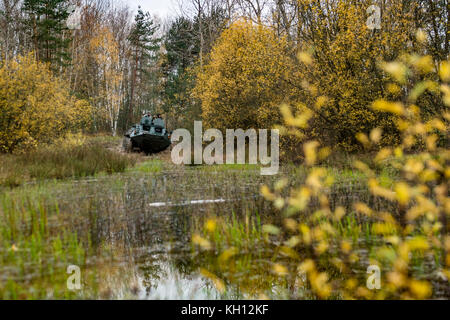 Räder und durchgehende Gleise schwerer Militärfahrzeuge überquerten am 11. November 2017 das Naturdenkmal Na Plachte am Rande von Hradec Kralove in Tschechien. Eine ungewöhnliche Landschaftsgestaltung trägt dazu bei, dass sich das Gelände in einem Zustand befindet, der für das Leben seltener Naturarten geeignet ist. Auf dem Foto ist der achträdrige gepanzerte Personalträger BTR-60 zu sehen. (CTK-Foto/David Tanecek) Stockfoto