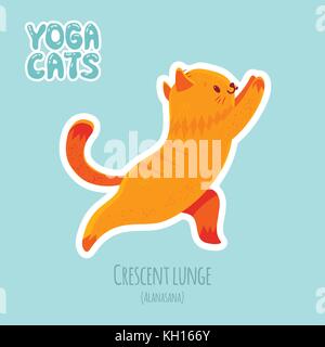 Cute cartoon rote Katze Yoga für Anfänger. Aufkleber mit Titeln von Yoga Posen Stock Vektor