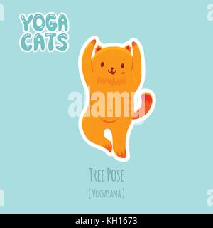 Cute cartoon rote Katze Yoga für Anfänger. Aufkleber mit Titeln von Yoga Posen Stock Vektor