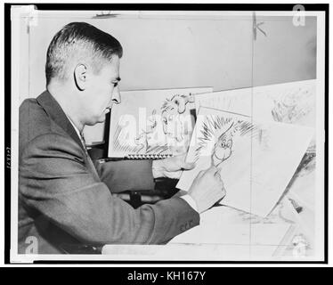 Dr. Seuss (Ted Geisel) bei der Arbeit auf einer Zeichnung von einem GRINCH, der Held von seinem in Kürze erscheinenden Buch, "Wie der Grinch Weihnachten gestohlen hat." Foto von Al Ravenna. New York, NY 1957. Stockfoto