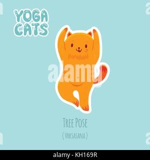 Cute cartoon rote Katze Yoga für Anfänger. Aufkleber mit Titeln von Yoga Posen Stock Vektor