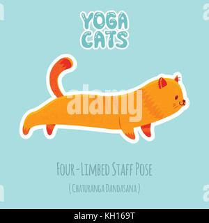 Cute cartoon rote Katze Yoga für Anfänger. Aufkleber mit Titeln von Yoga Posen Stock Vektor