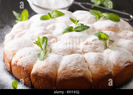 Österreichischer buchteln (süßen Hefe Brötchen) mit Minze und Puderzucker in der Nähe eingerichtet - auf den Tisch. Horizontale Stockfoto