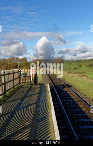 Grate Country Park Bahnhof Plattform mit langen Schatten, mit Dampfzug in Abstand und Cumulus congestus Wolken Lancashire, Großbritannien Stockfoto