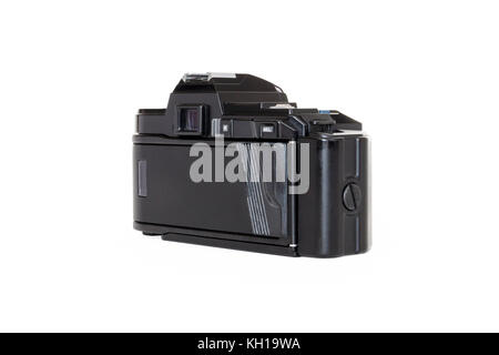 1980 s Minolta MAXXUM 7000 automatische 35-mm-Rollfilm SLR Kamera, 35-80 mm Zoom Objektiv, vor einem weißen Hintergrund isoliert Stockfoto