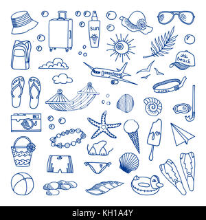 Meer Urlaub. Abbildung. Sonnenbrille und Sonnencreme, Eis, Schiefer, Hängematte. Das Konzept der Sommerferien. Illustration für einen schönen des Stockfoto