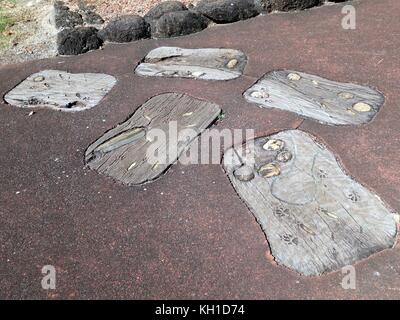 Halloran Hill Environmental Park, Atherton, Queensland, Australien - 24, 2017 August: Kunst der Aborigines auf großen Holz Fußabdrücke in einen konkreten Pfad einstellen Stockfoto