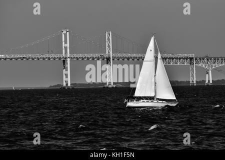 Segelboot vor der Chesapeake Bay Bridge in Schwarz und Weiß Stockfoto