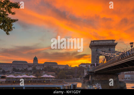 Budapest, Ungarn - Schöner goldener Sonnenuntergang auf der Szechenyi-Kettenbrücke mit Buda-Schloss-Königspalast im Hintergrund Stockfoto