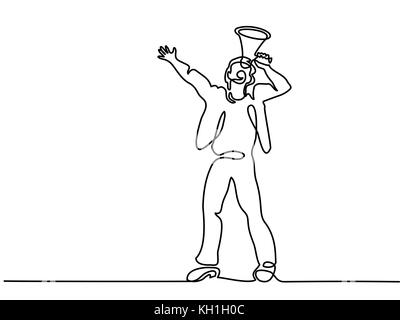 Durchgehende Linie zeichnen. Mann am Himmel mit Megaphon zu schreien. Vector Illustration Stock Vektor