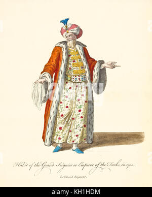 Türkischer Kaiser in traditionellen Kleidern im Jahre 1700. Langer, reicher Mantel, große orientalische Hose verziert, Turban. Alte Illustration von J.M. Vien, 1757-1772 Stockfoto