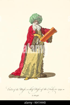 Osmanische Musti in traditionellen Kleidern 1749. Turban, weißer Bart, goldene Tunika und koran. Alte Illustration von J.M. Vien, publ. T. Jefferys 1757-1772 Stockfoto