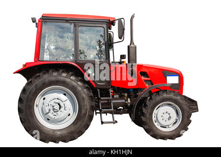 Neuen roten landwirtschaftlichen Schlepper auf weißem Hintergrund mit Freistellungspfad isoliert Stockfoto