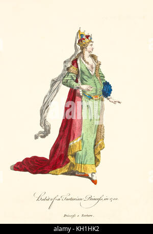 Tartarian Prinzessin in traditionellen Kleidern im Jahr 1700. Goldene Krone mit Schleier, rotem Mantel, grünem langen Kleid und verschiedenen goldenen Elementen. Von Vien 1757-1772 Stockfoto